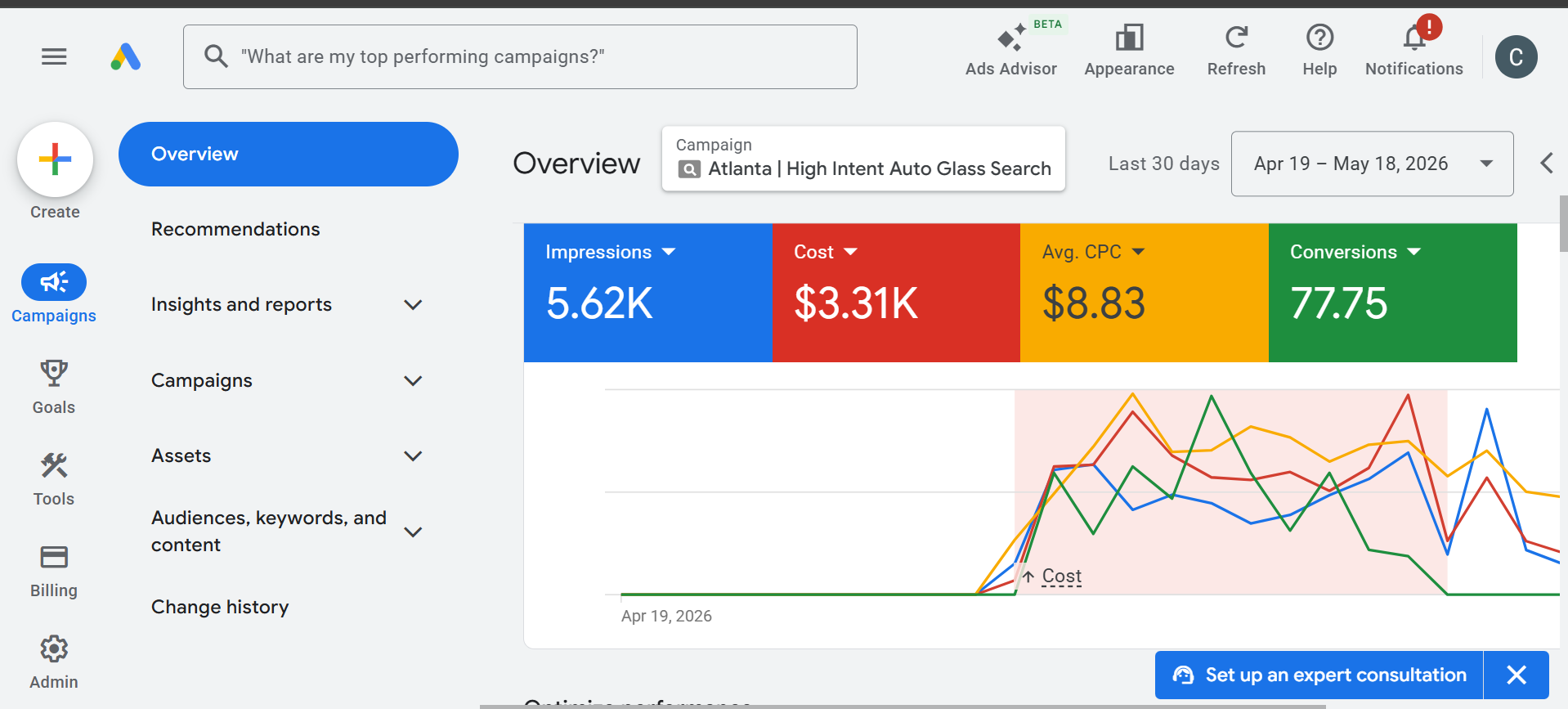 CarLoop high intent auto glass search campaign screenshot
