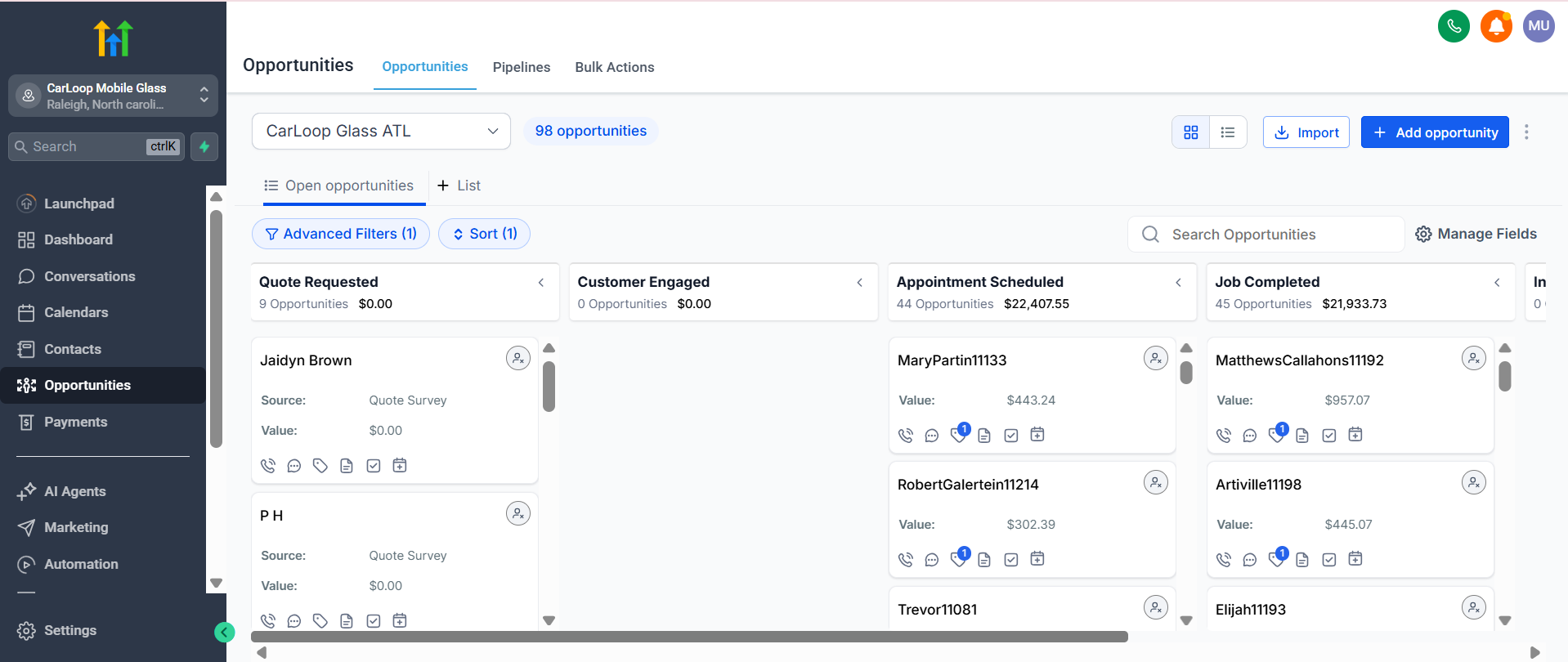 CarLoop GoHighLevel opportunities pipeline showing 98 opportunities, 44 appointments, and revenue tracking
