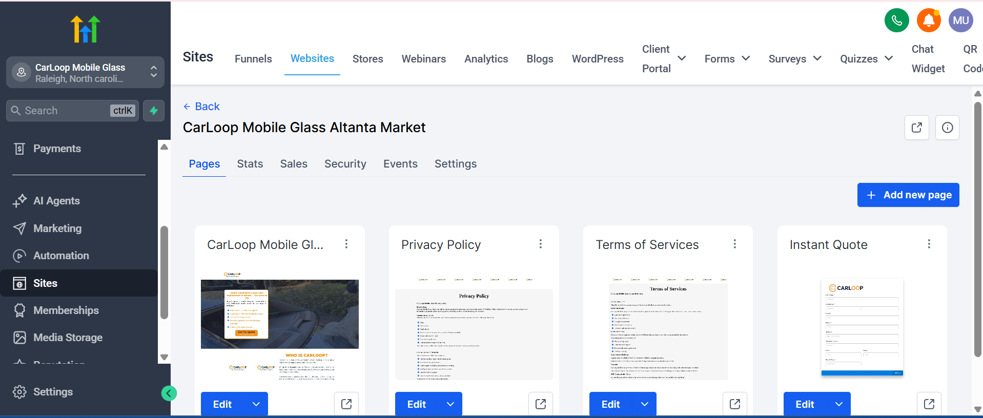 CarLoop GoHighLevel website pages dashboard