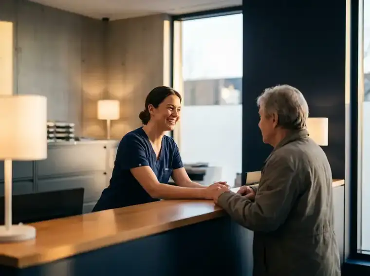 MFA berät eine Patientin am Empfang
