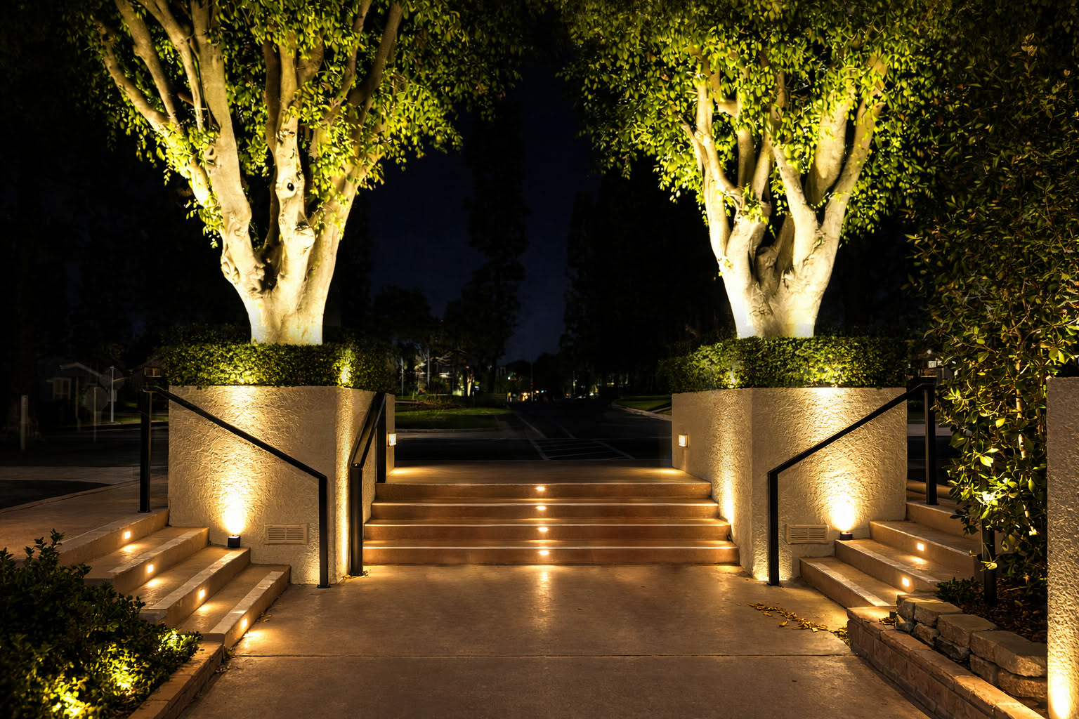 Tree uplighting and recessed step lights along a broad entrance walkway