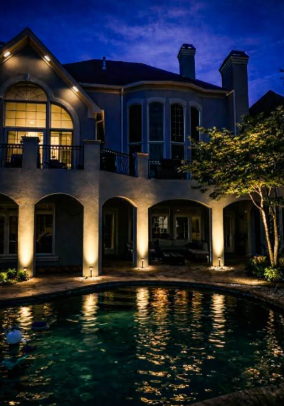 Illuminated poolside arches with warm reflections on the water