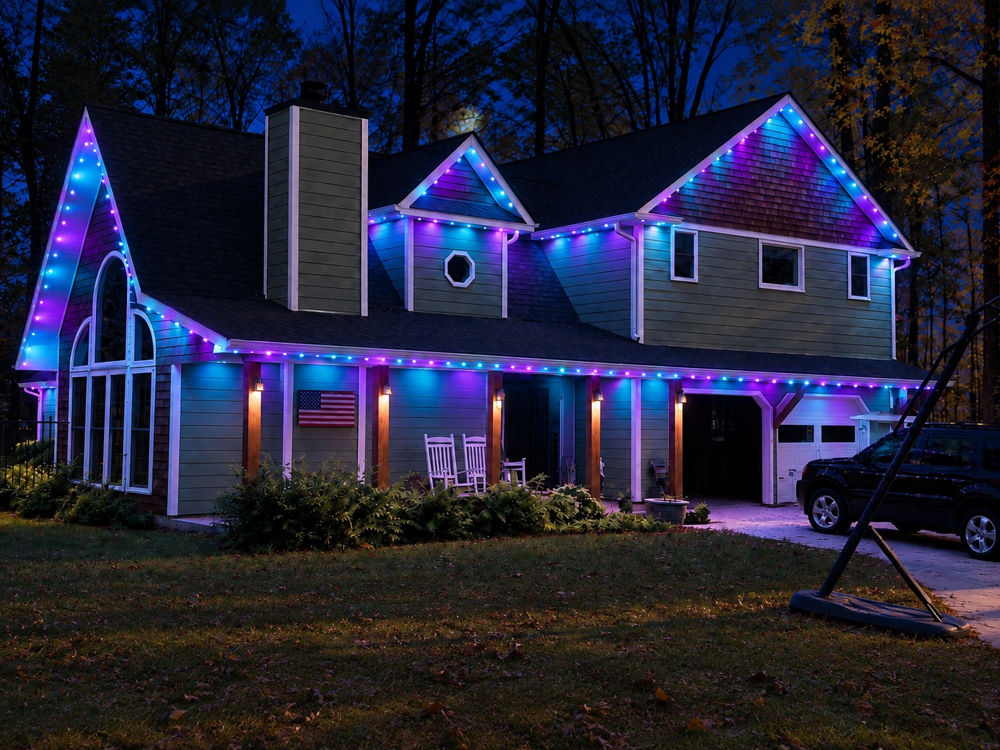 Blue and violet permanent roofline lighting mockup