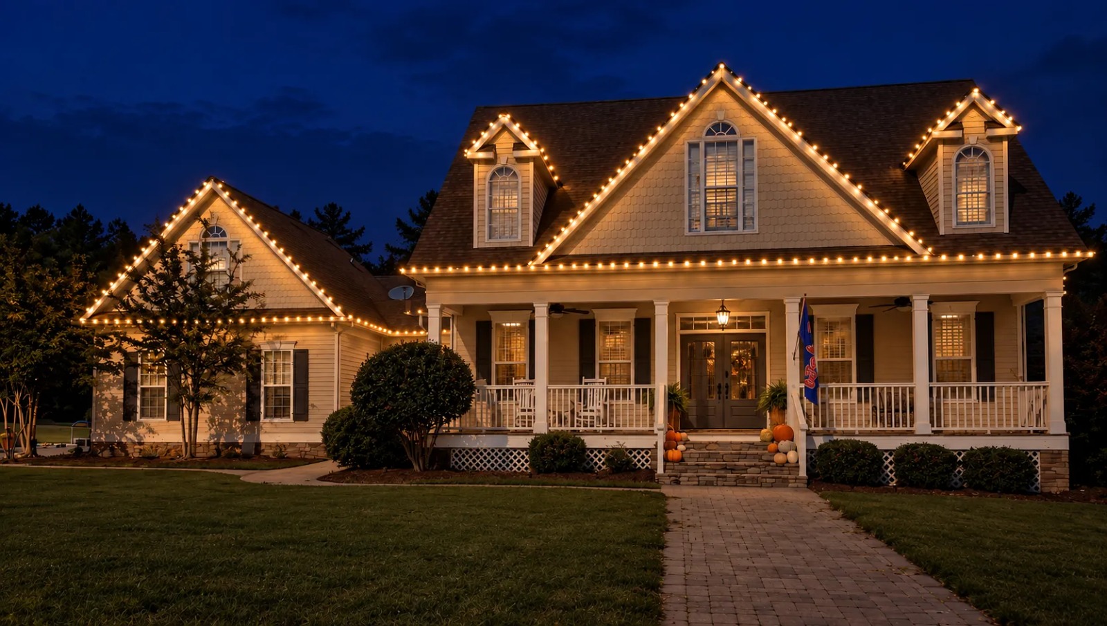 Home with a wide front porch and warm white lights tracing the roof and dormers