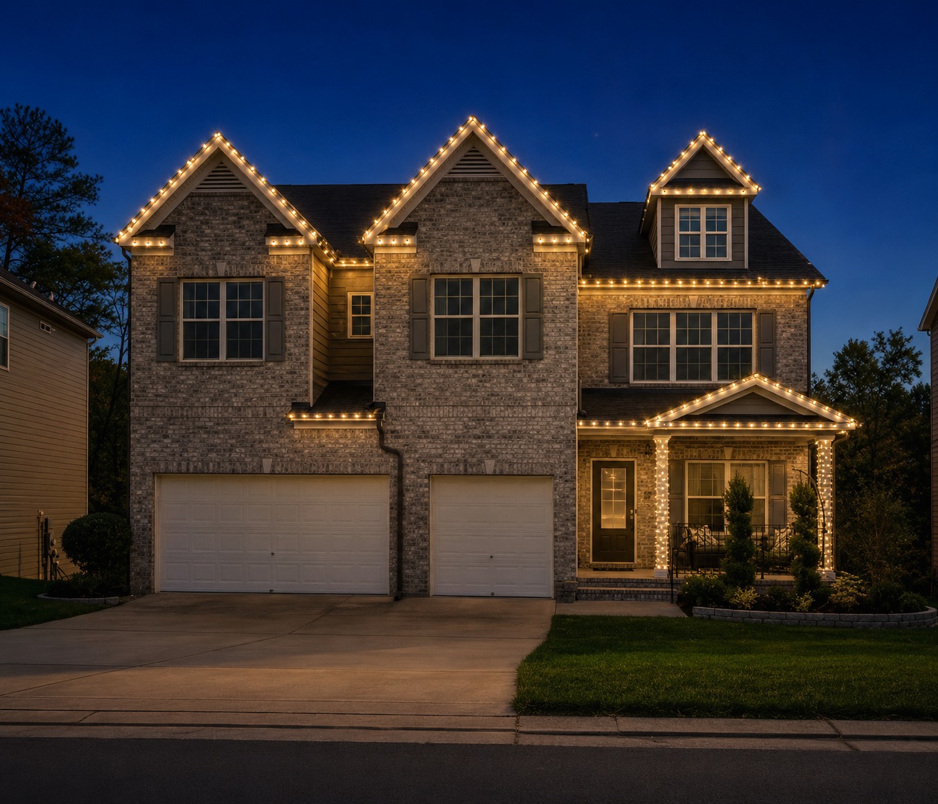 Brick home with warm white holiday roofline lighting and wrapped entry columns