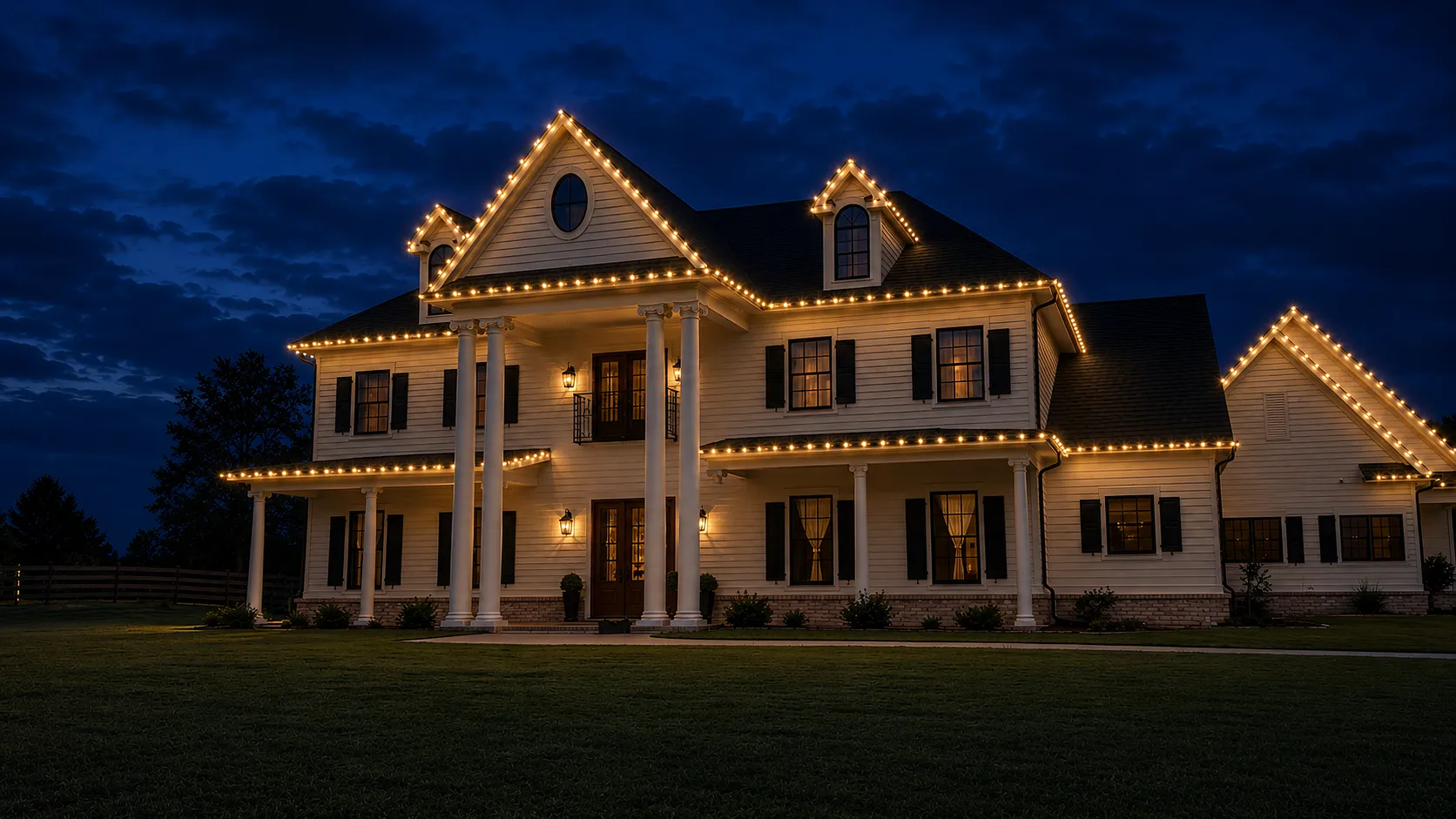 Holiday lighting mockup with warm white lights tracing a large home roofline and dormers