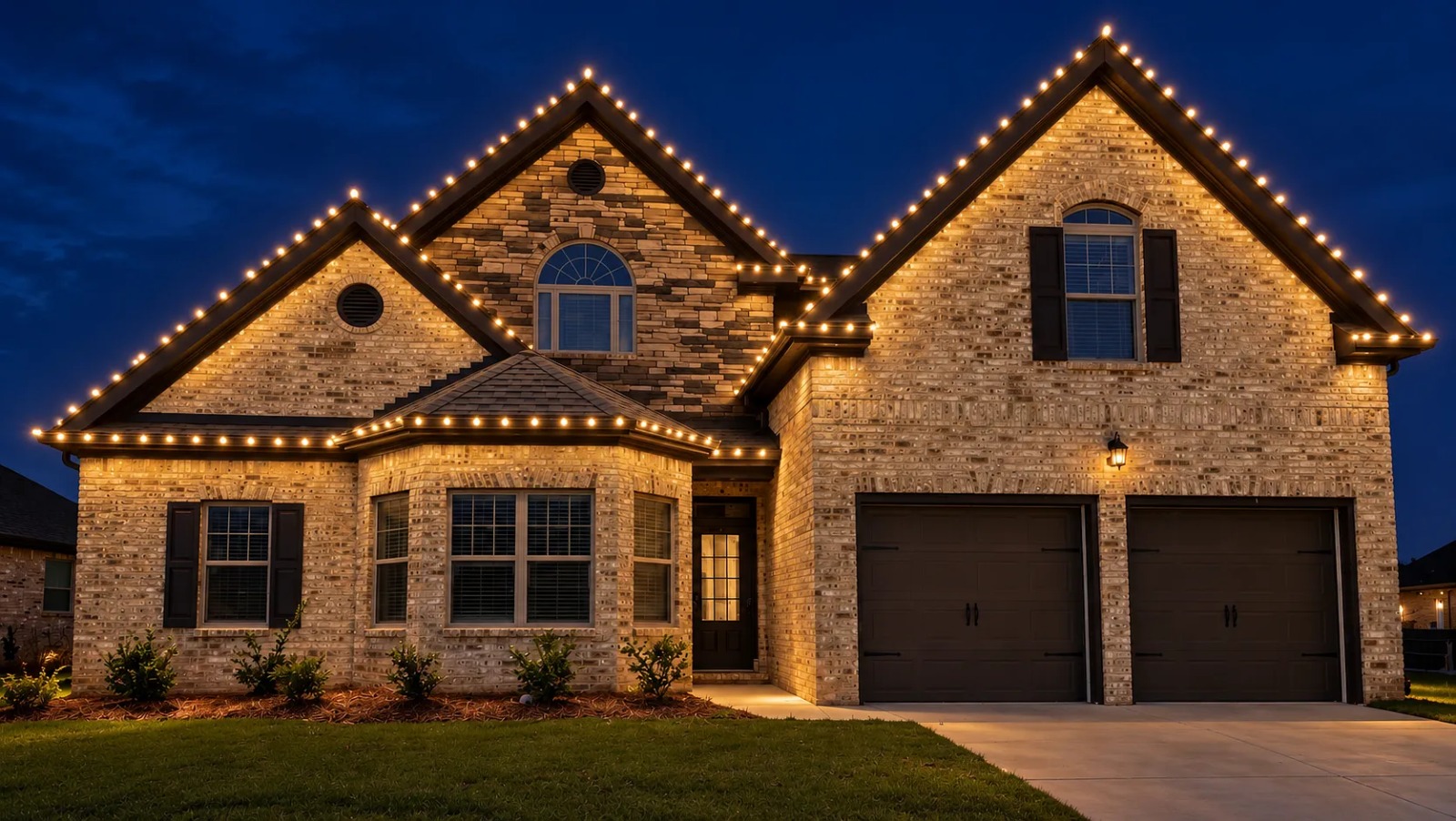 Brick and stone home with warm white holiday lights outlining its gables