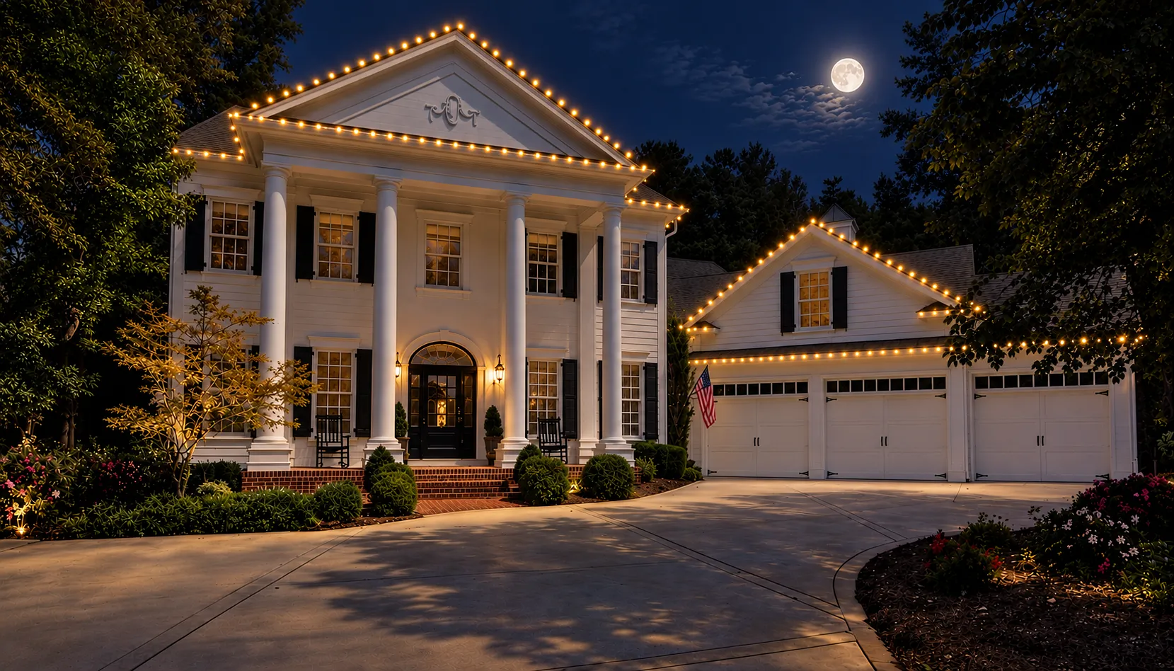 Meghan project mockup showing warm white roofline lighting on a columned home