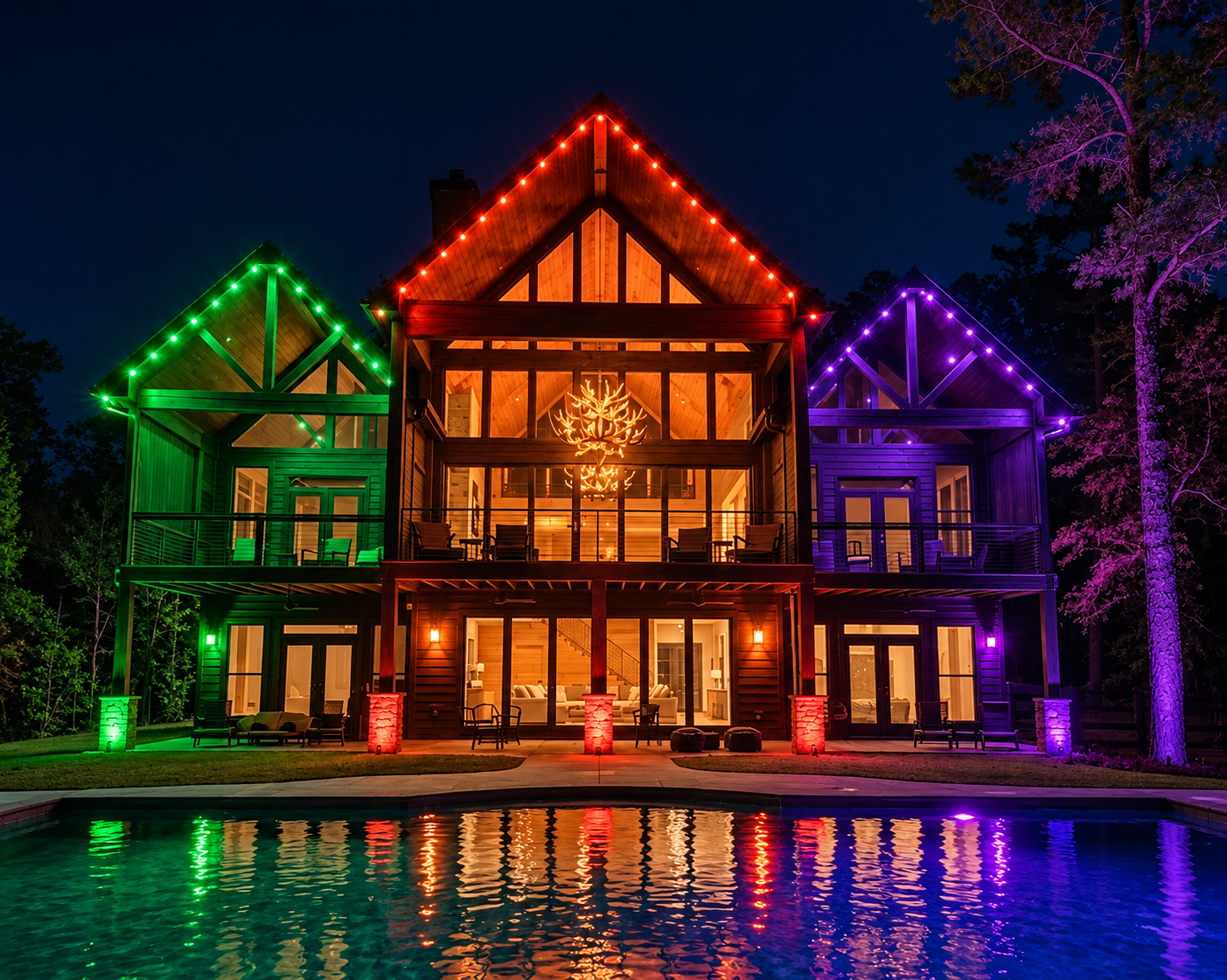 Poolside timber home with green orange and violet lighting on its gables