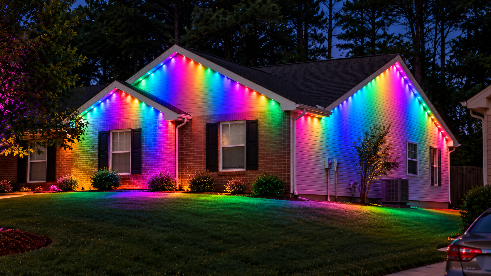 Home with rainbow-colored permanent lighting illuminating three gables