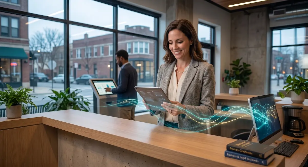 Small business owner reviewing automated client intake on a tablet at her office