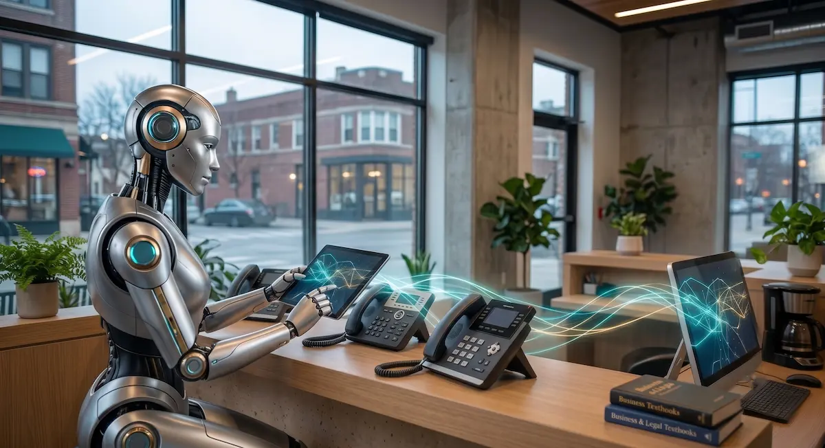 AI receptionist answering business phone lines at a Chicago office front desk