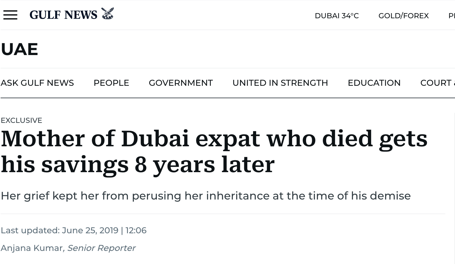 Gulf News, 2019: Mother of Dubai expat who died gets his savings 8 years later