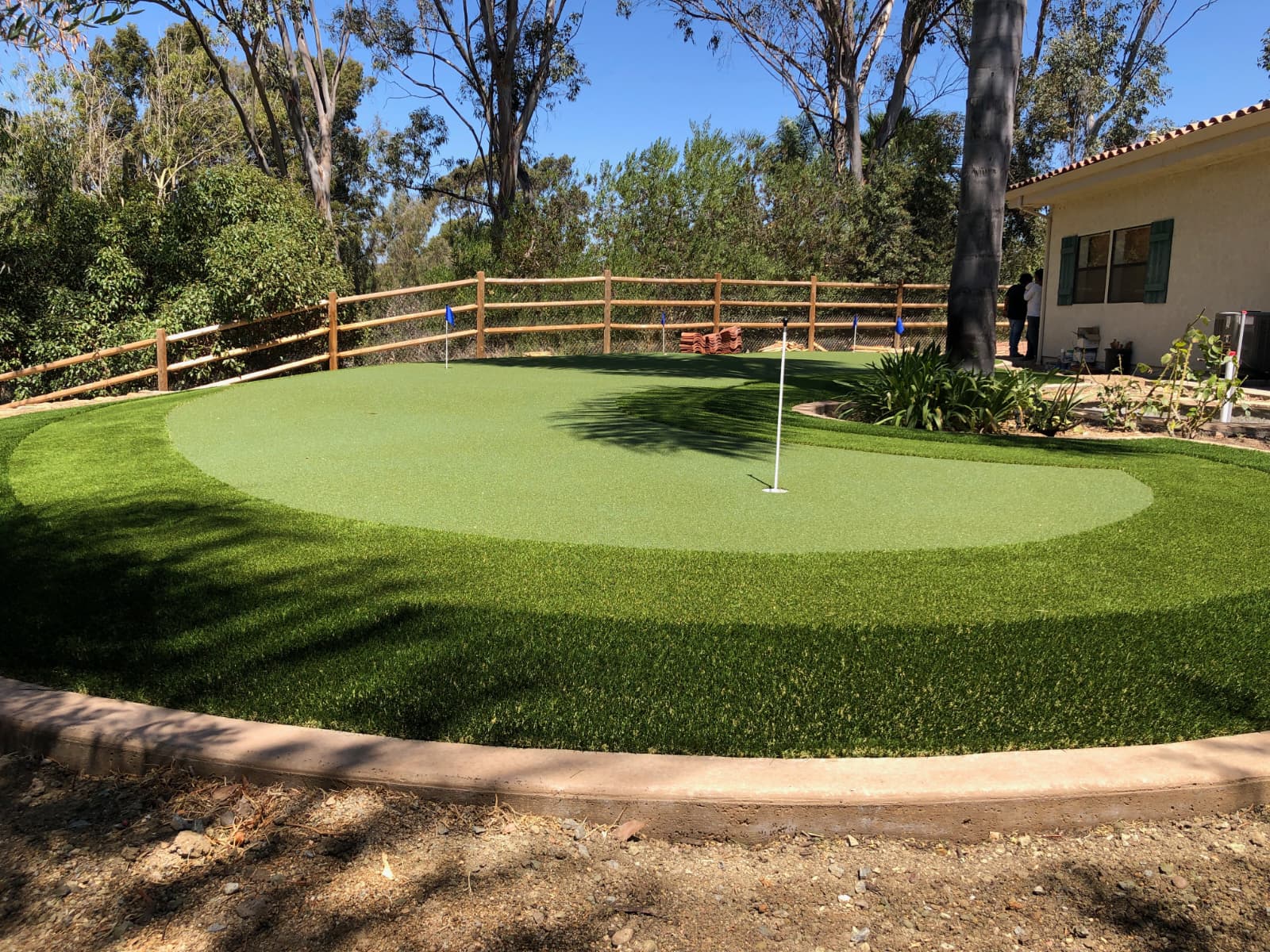 Custom backyard putting green with multiple cups and turf fringe