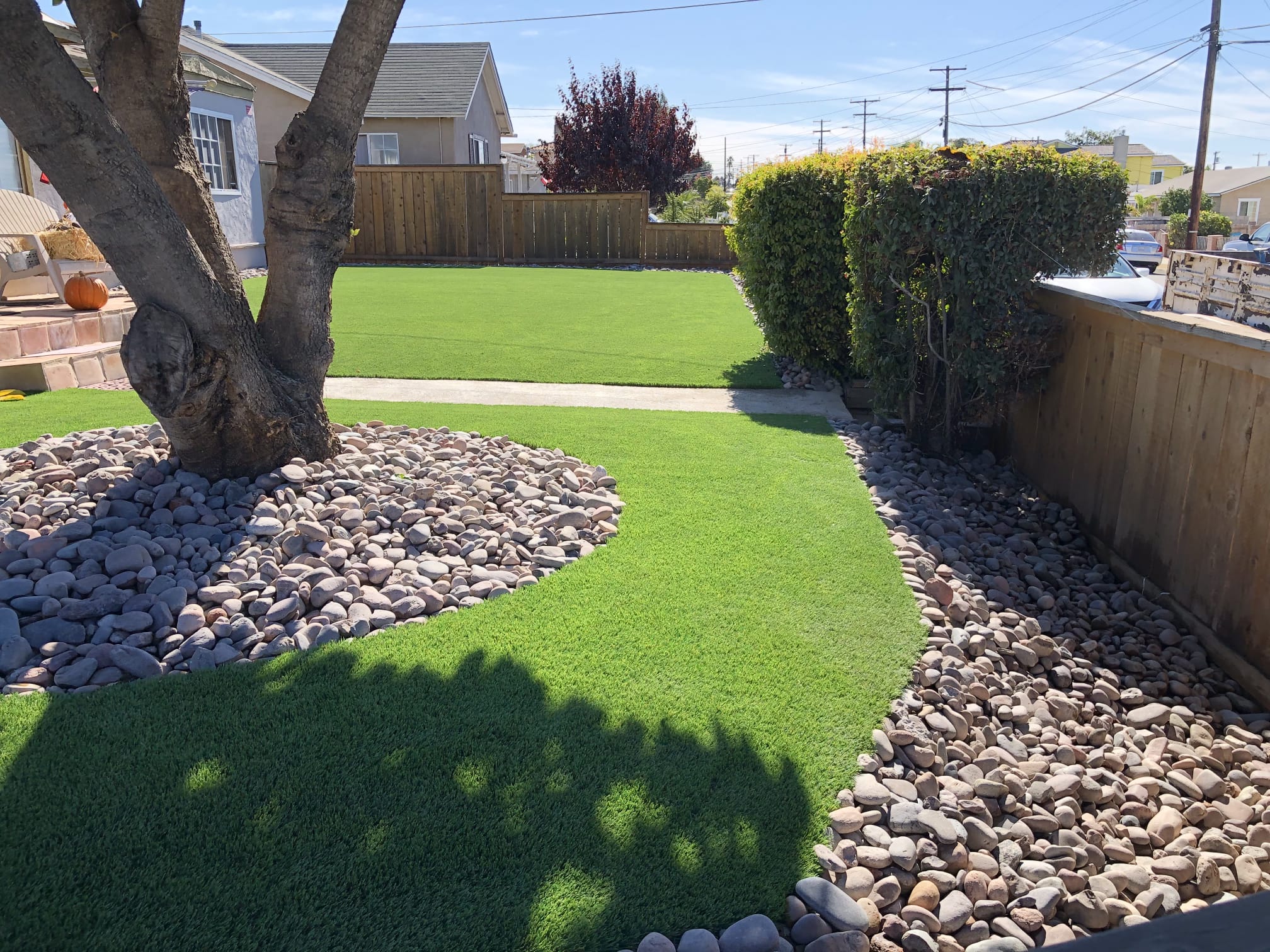 Compact artificial turf design shaped around an existing tree with river rock