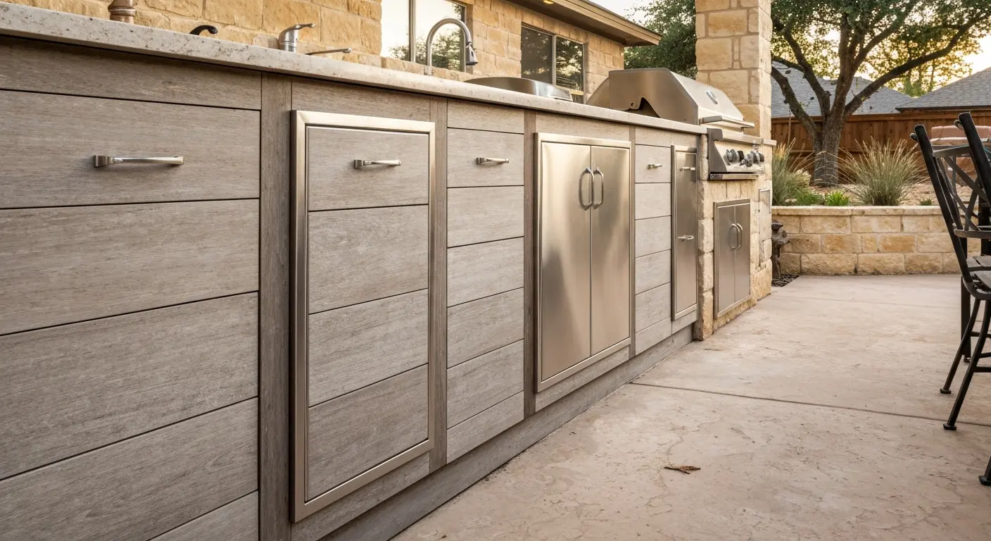 Outdoor kitchen storage cabinets