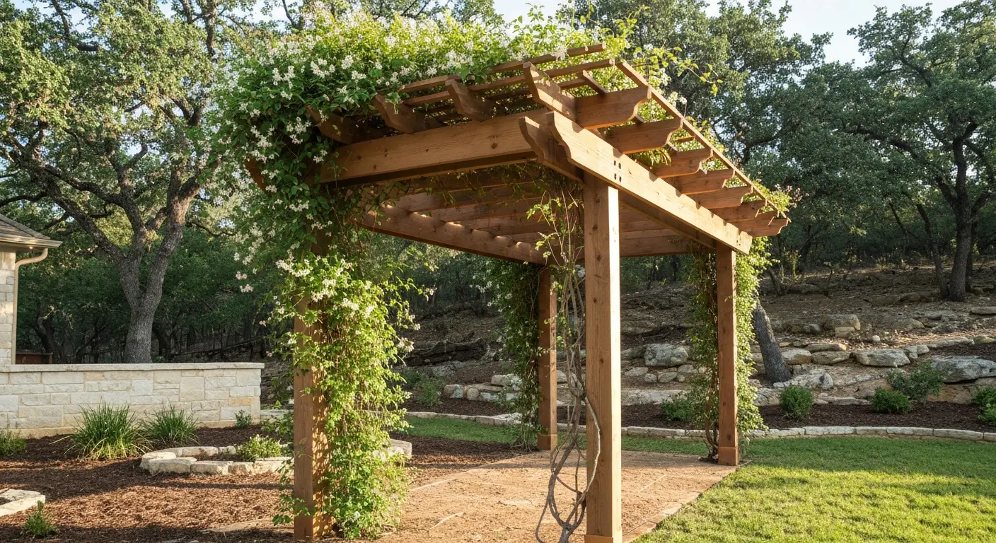 Garden pergola with climbing vines in Boerne