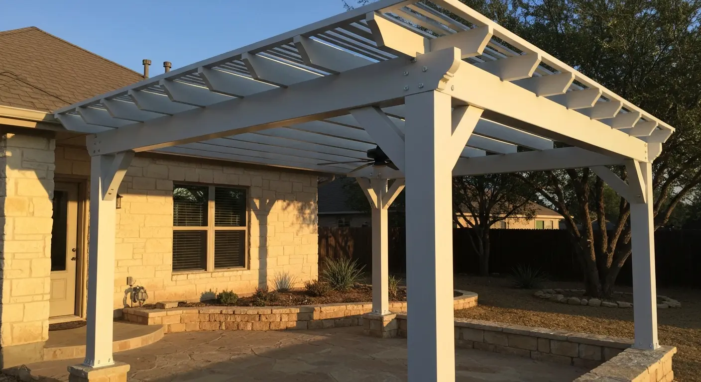 Vinyl pergola in backyard setting