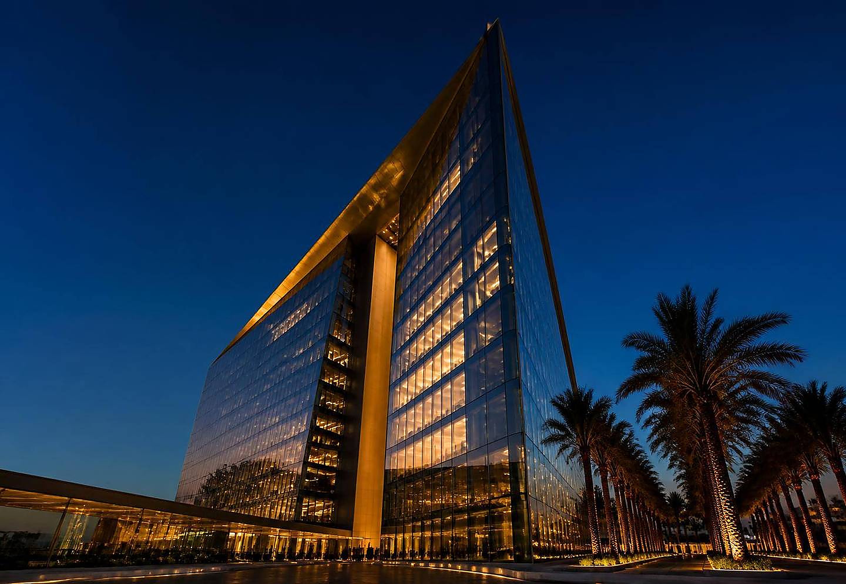 Modern corporate headquarters tower in Saudi Arabia