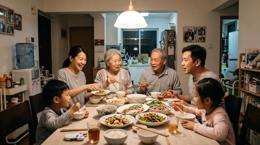 Three generations sharing a home-cooked dinner