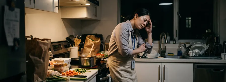 A tired mother cooking alone in the kitchen late at night
