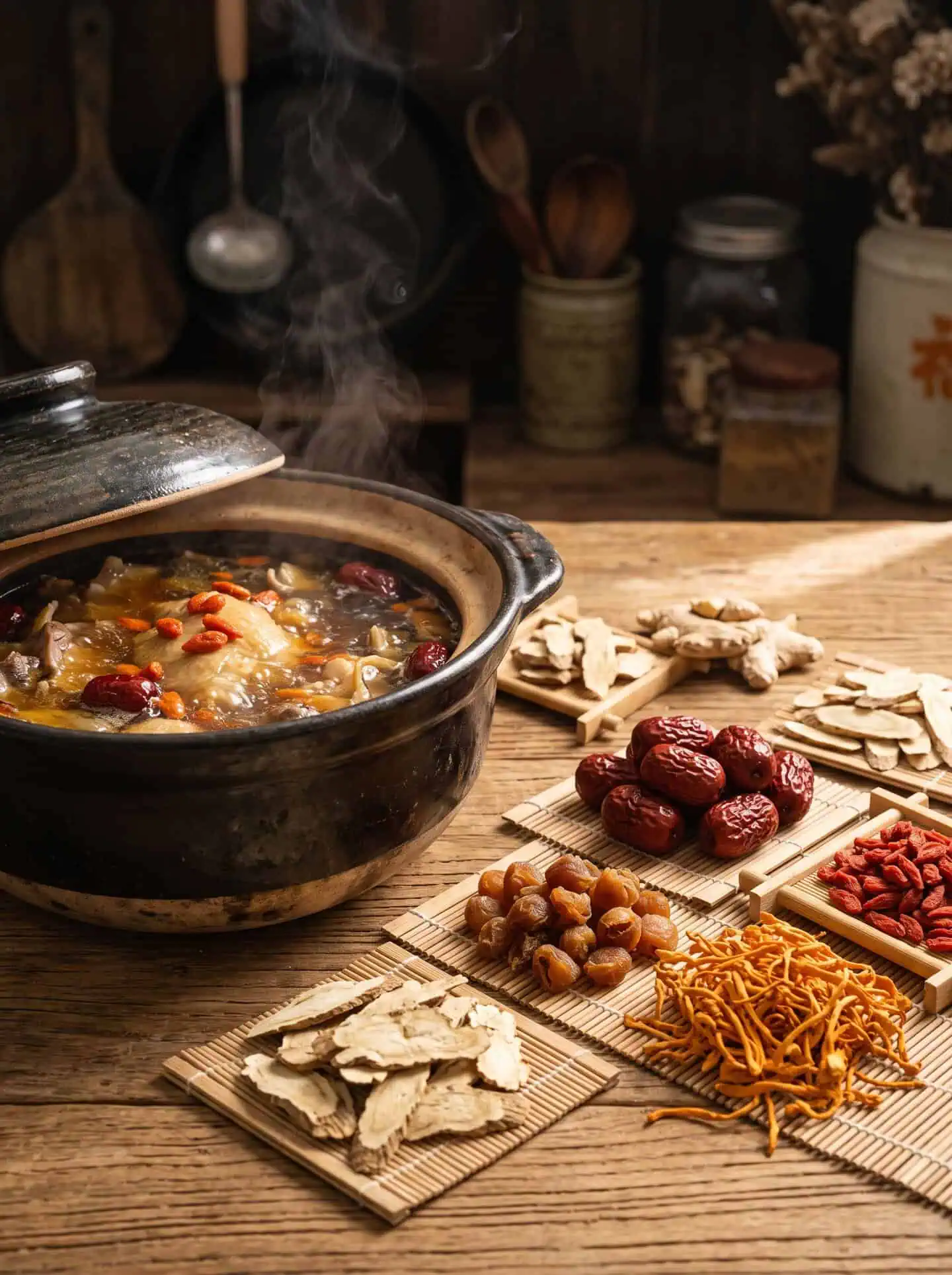 A pot of Healthy Tingkat herbal soup with the Chinese herbs laid out beside it