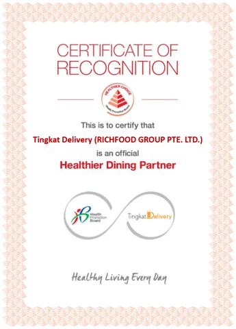 HPB Certificate of Recognition: Tingkat Delivery is an official Healthier Dining Partner
