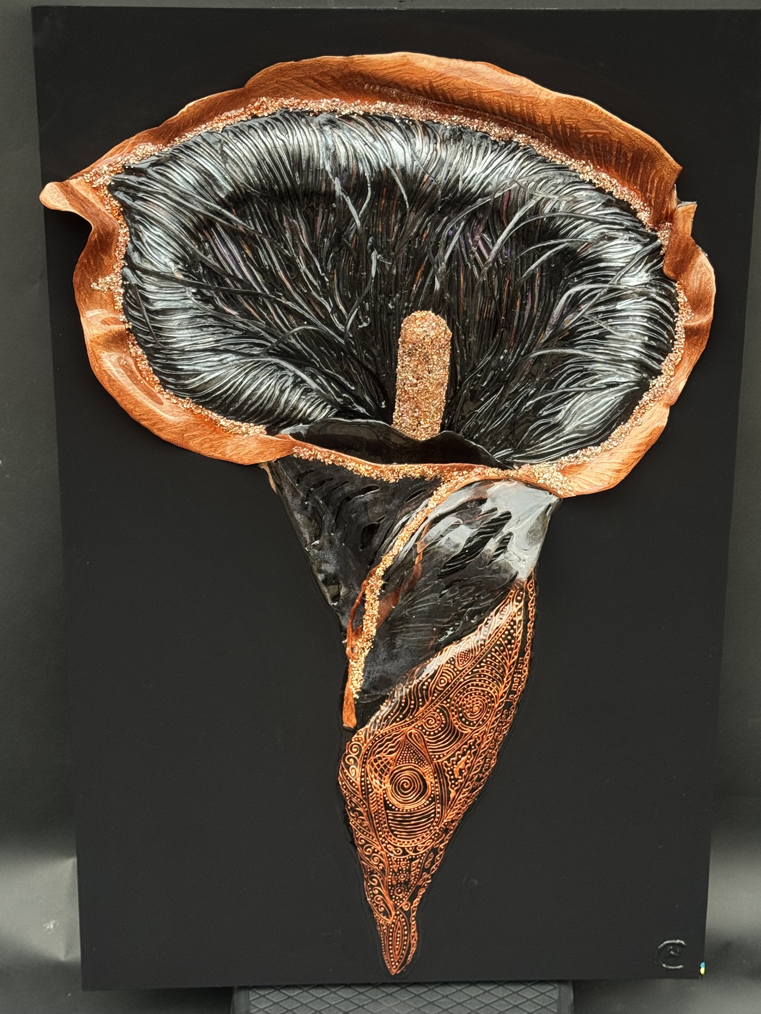 Black Calla Lily, sculptural resin artwork, straight on
