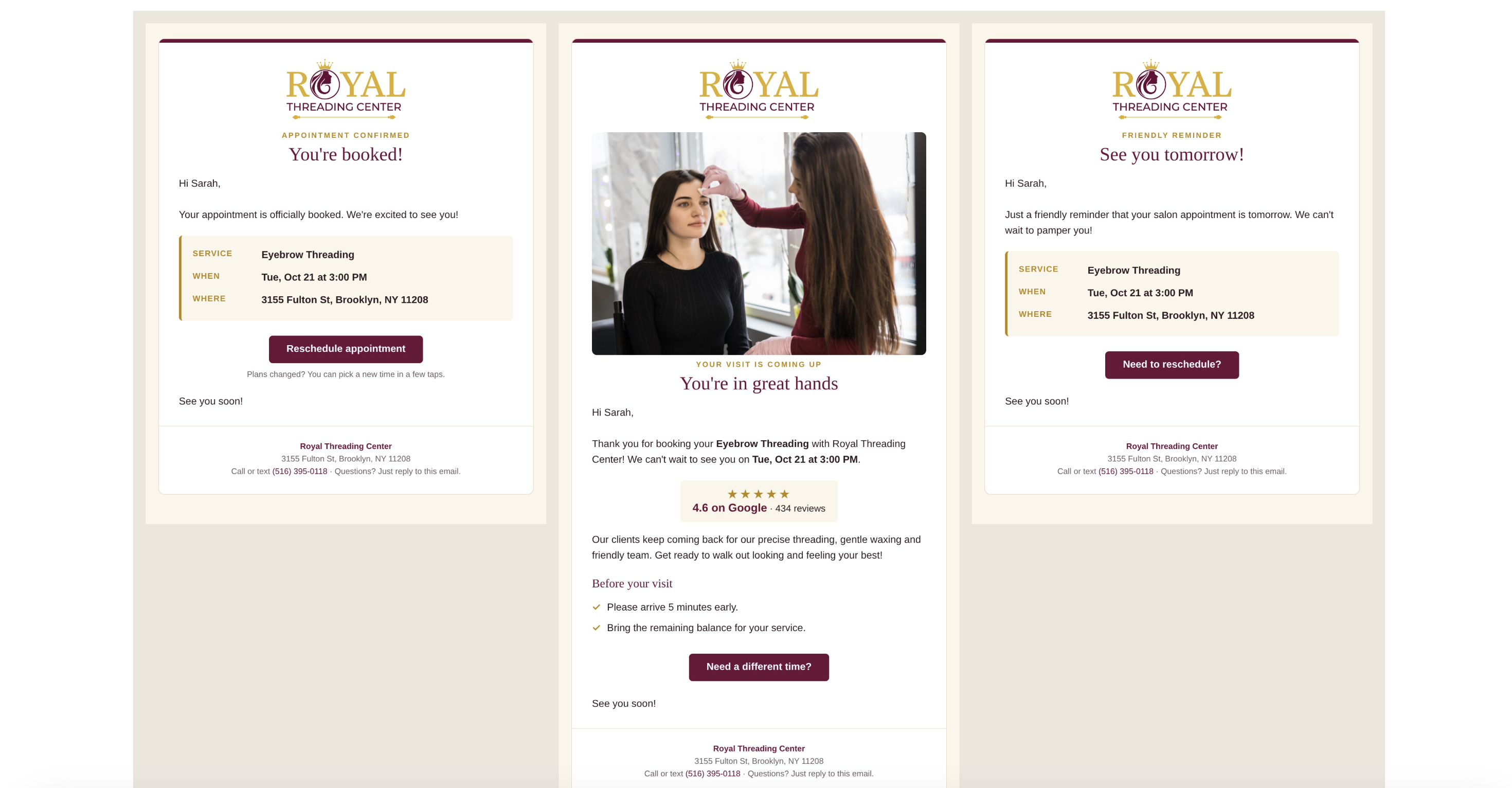 Branded appointment confirmation and reminder emails for Royal Threading Center