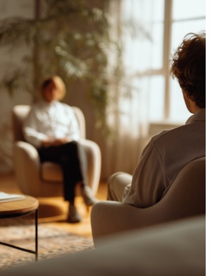 Client attending an in-person counselling session in a calm therapy room, representing the supportive counselling options available in Johannesburg and online across South Africa.