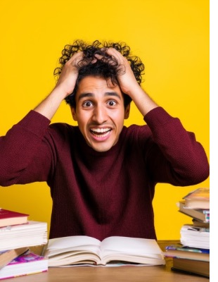 Overwhelmed young man surrounded by books, illustrating ADHD-related stress, academic pressure, and difficulty managing focus Overwhelmed young man surrounded by books, illustrating ADHD-related stress, academic pressure, and difficulty managing focus