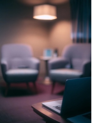 Calm counselling room with laptop, representing in-person and online ADHD counselling support for overwhelm and emotional regulation. Calm counselling room with laptop, representing in-person and online ADHD counselling support for overwhelm and emotional regulation.