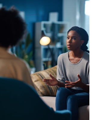 Woman speaking openly in a trauma counselling session, representing emotional processing, safety, and support for healing. Woman speaking openly in a trauma counselling session, representing emotional processing, safety, and support for healing.