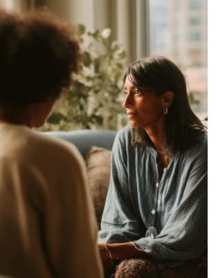 Woman speaking with a counsellor in a calm, supportive session, representing trauma counselling and emotional healing in Johannesburg. Woman speaking with a counsellor in a calm, supportive session, representing trauma counselling and emotional healing in Johannesburg.