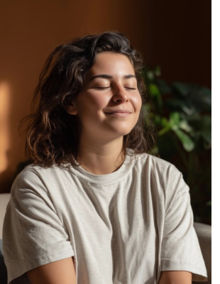 Woman sitting calmly with her eyes closed, symbolising mindfulness, emotional regulation, and relief through anxiety counselling. Woman sitting calmly with her eyes closed, symbolising mindfulness, emotional regulation, and relief through anxiety counselling.