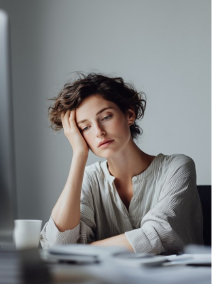 Woman sitting at a desk looking mentally exhausted, representing anxiety, overthinking, and emotional fatigue in daily life. Woman sitting at a desk looking mentally exhausted, representing anxiety, overthinking, and emotional fatigue in daily life.