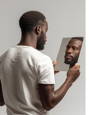 Man looking at his reflection in a mirror, symbolising self-awareness, emotional insight, and the deeper reflection involved in anger counselling. Man looking at his reflection in a mirror, symbolising self-awareness, emotional insight, and the deeper reflection involved in anger counselling.