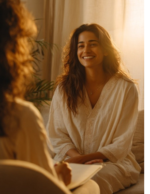 Woman in an anxiety counselling session speaking with a counsellor, representing supportive help for overwhelm, stress, and emotional regulation. Woman in an anxiety counselling session speaking with a counsellor, representing supportive help for overwhelm, stress, and emotional regulation.