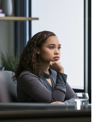 Professional woman sitting thoughtfully at her desk, illustrating emotional shutdown, grief-related numbness, and difficulty concentrating after bereavement. Professional woman sitting thoughtfully at her desk, illustrating emotional shutdown, grief-related numbness, and difficulty concentrating after bereavement.