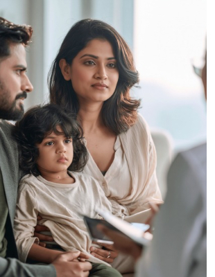 Parents and child attending a supportive family counselling session together Parents and child attending a supportive family counselling session together