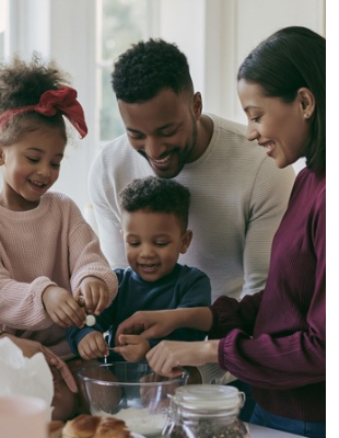 Parents and children spending positive time together at home, representing healthier family relationships Parents and children spending positive time together at home, representing healthier family relationships