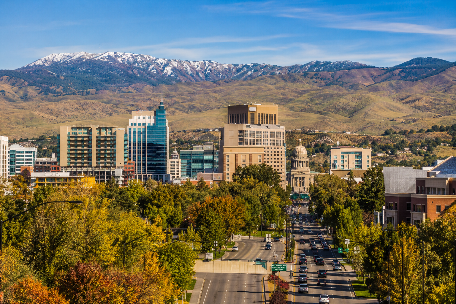 Upscale Eagle, Idaho neighborhood with modern homes, landscaped sidewalks, mountain views, and tree-lined streets during a sunny spring evening.