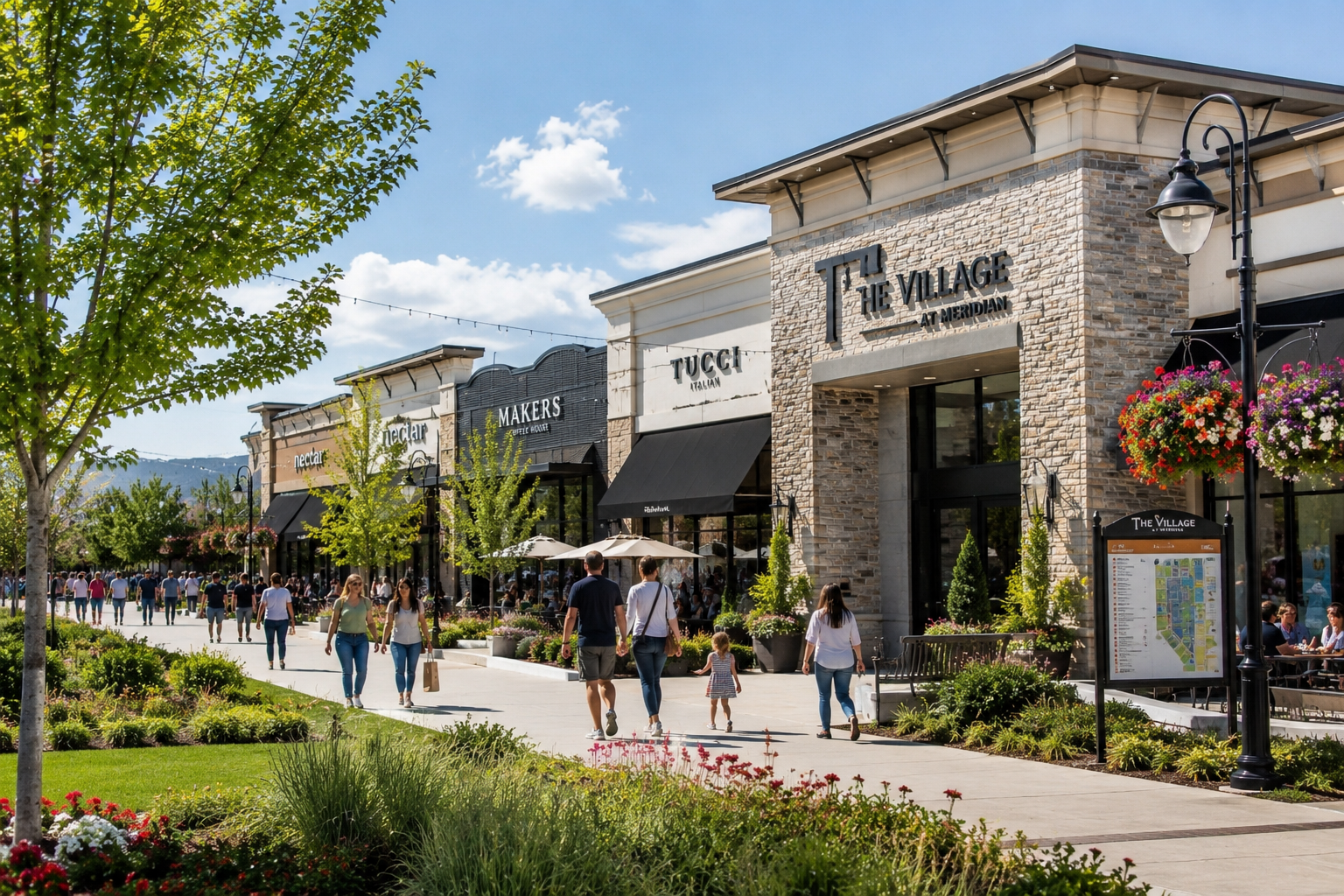 Evening view of The Village at Meridian, the city's main shopping and dining destination Evening view of The Village at Meridian, the city's main shopping and dining destination