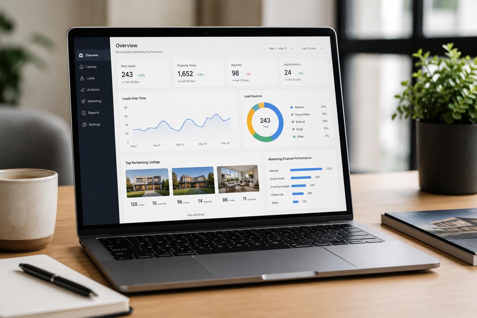 Laptop displaying a real estate marketing dashboard with listing performance and lead analytics.