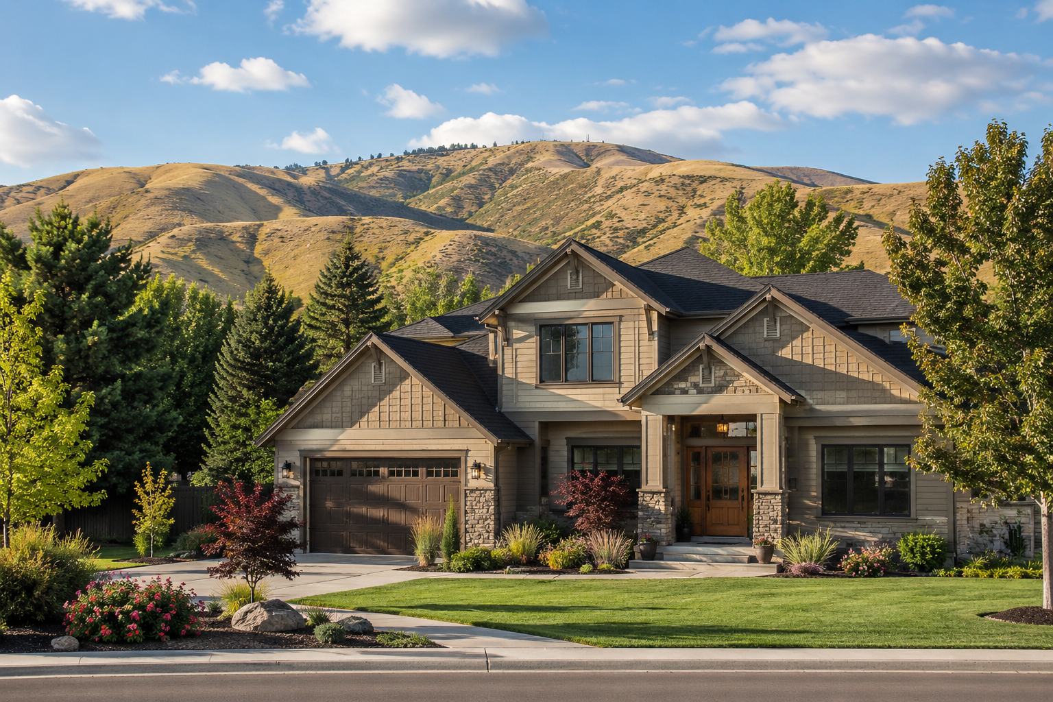 Boise area home with foothills in the background and landscaped front yard.