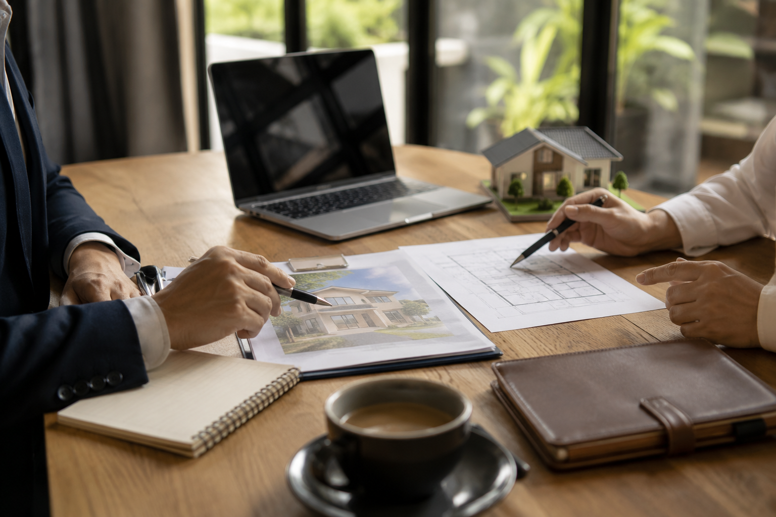 Real estate strategy meeting with paperwork, laptop, and home planning materials on a table.