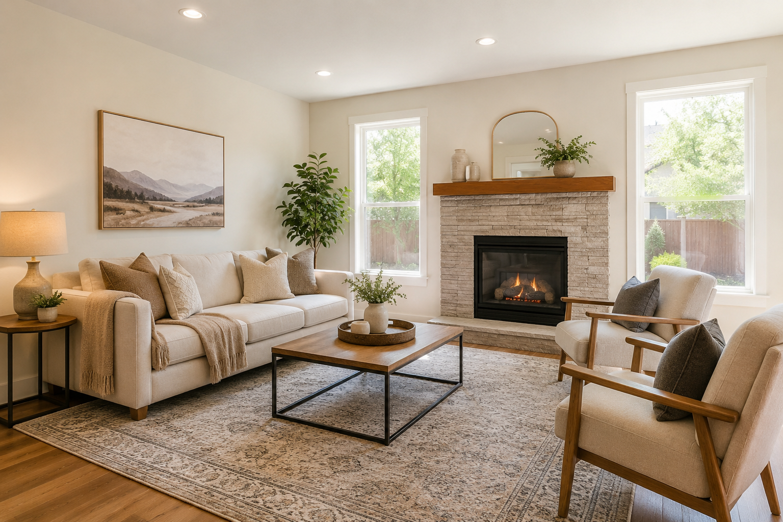 Bright staged living room in a Boise area home with fireplace, neutral furnishings, and natural light.