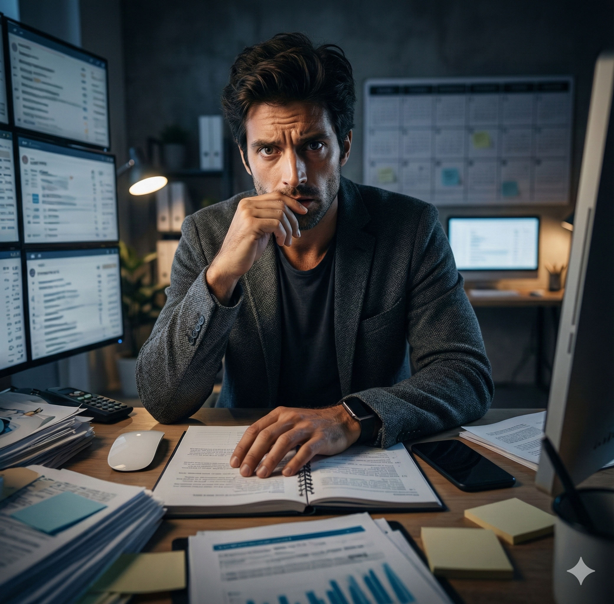 Overwhelmed agency owner at messy desk surrounded by screens and paperwork, trying to manage multiple tasks at once.