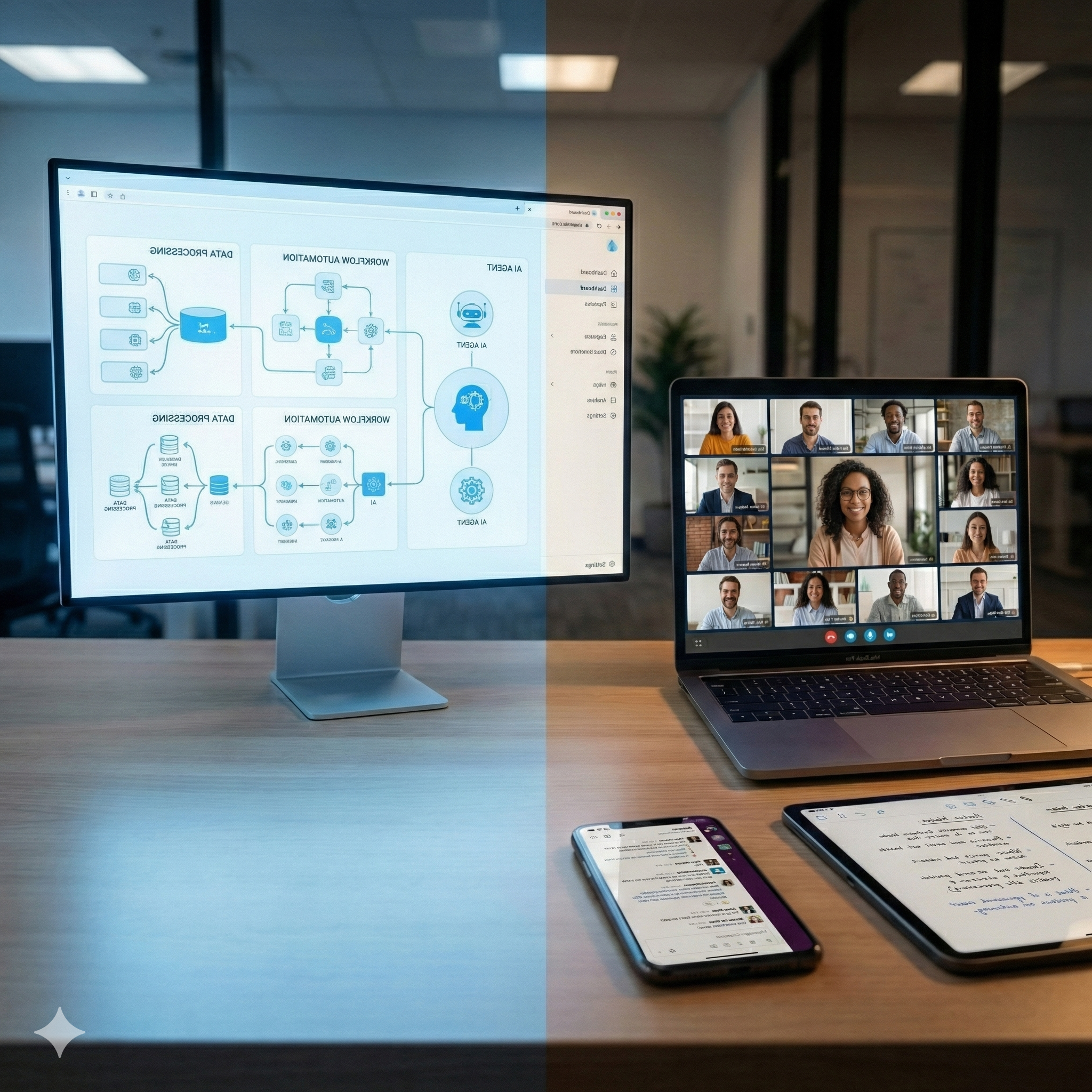 Overwhelmed agency owner at messy desk surrounded by screens and paperwork, trying to manage multiple tasks at once.