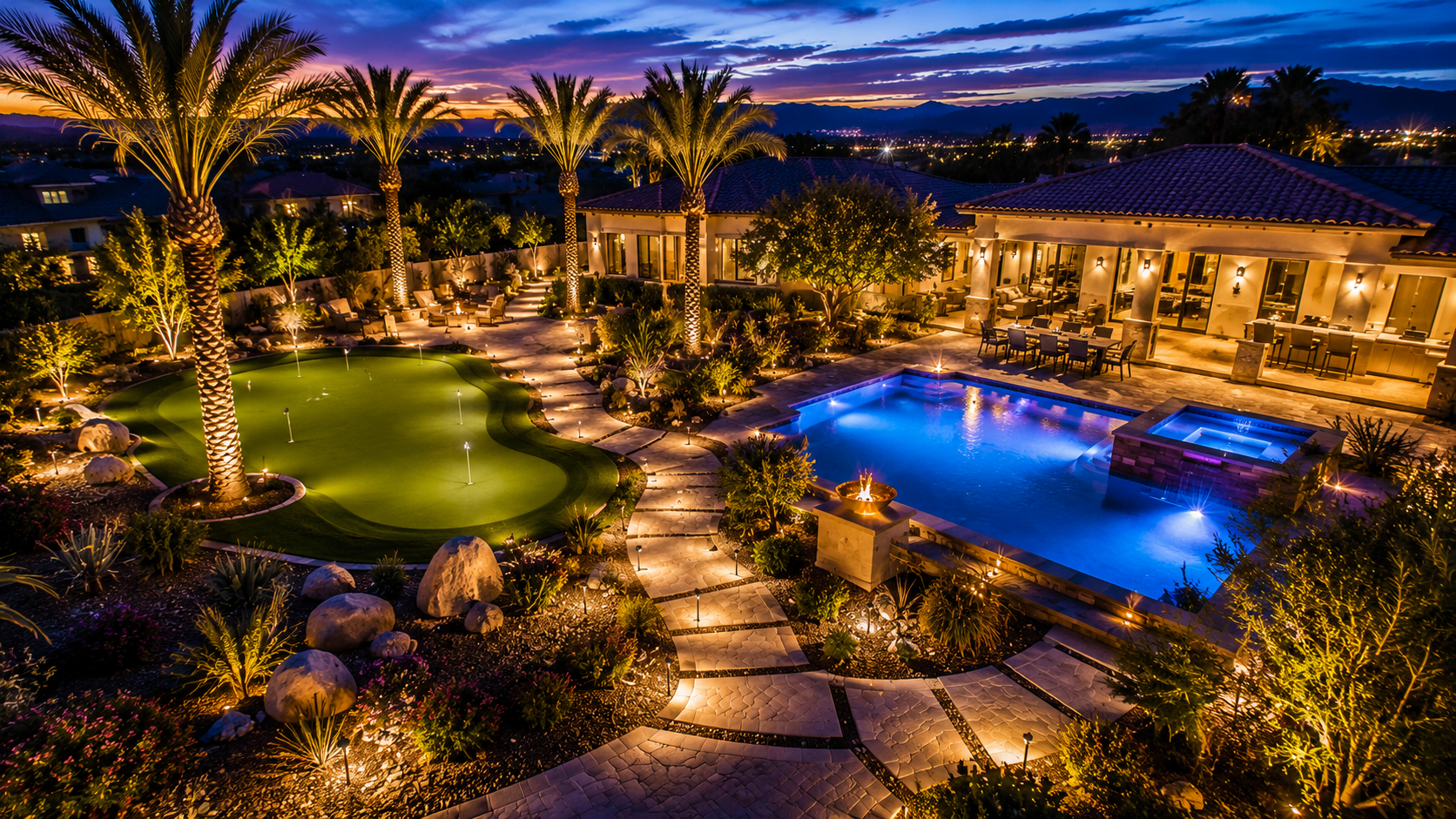 Luxury Phoenix Metro backyard showcasing the latest outdoor lighting trends including illuminated pathways, landscape lighting, custom putting green lighting, and modern pool lighting.